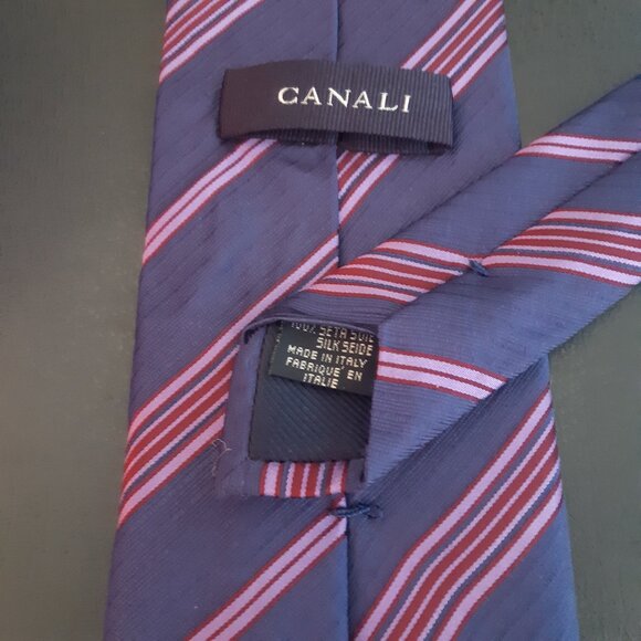 Canali Silk Tie Navy with Mauve & Maroon Diagonal Stripes - Picture 4 of 10